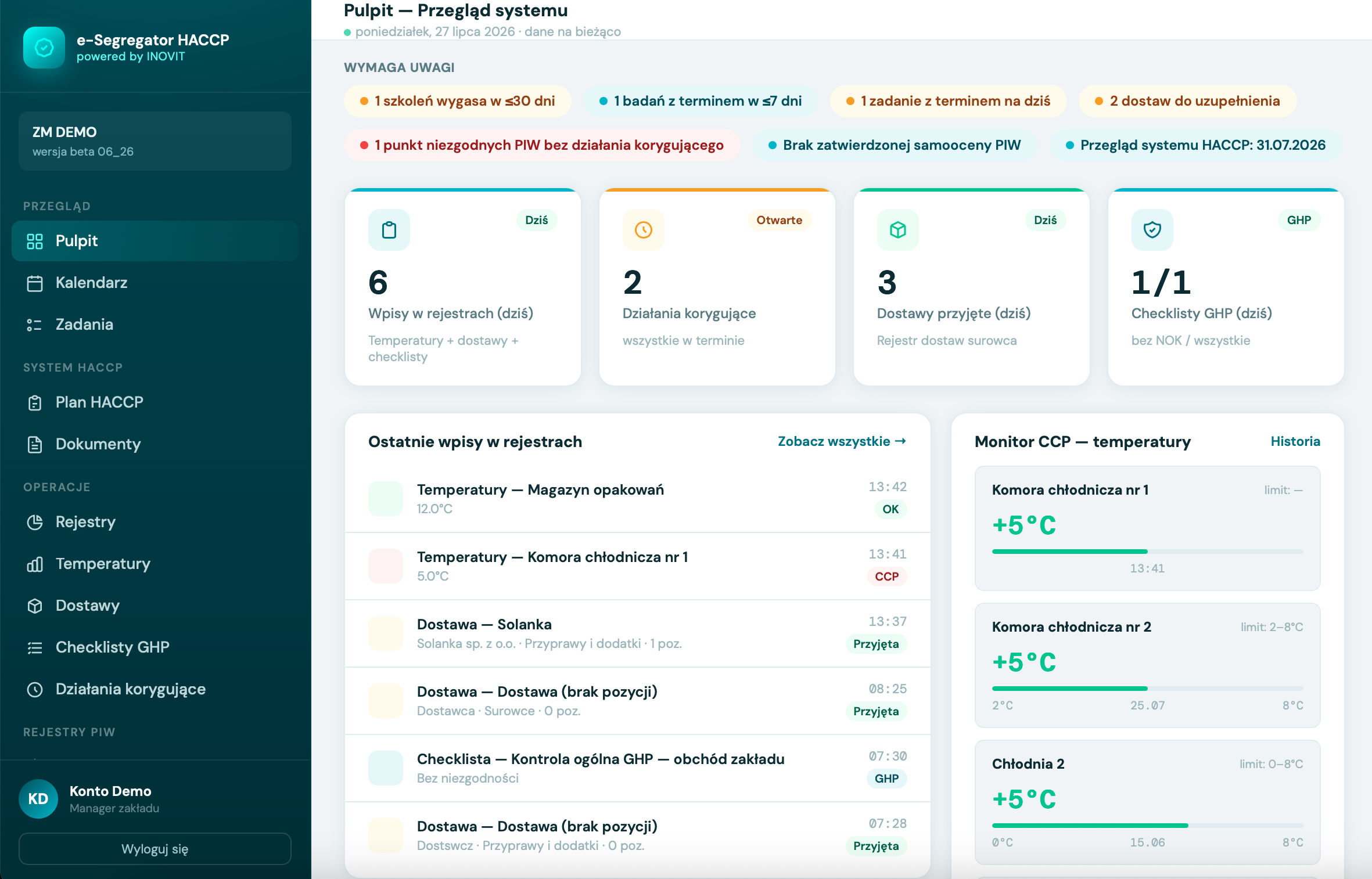 Ekran główny aplikacji e-Segregator HACCP