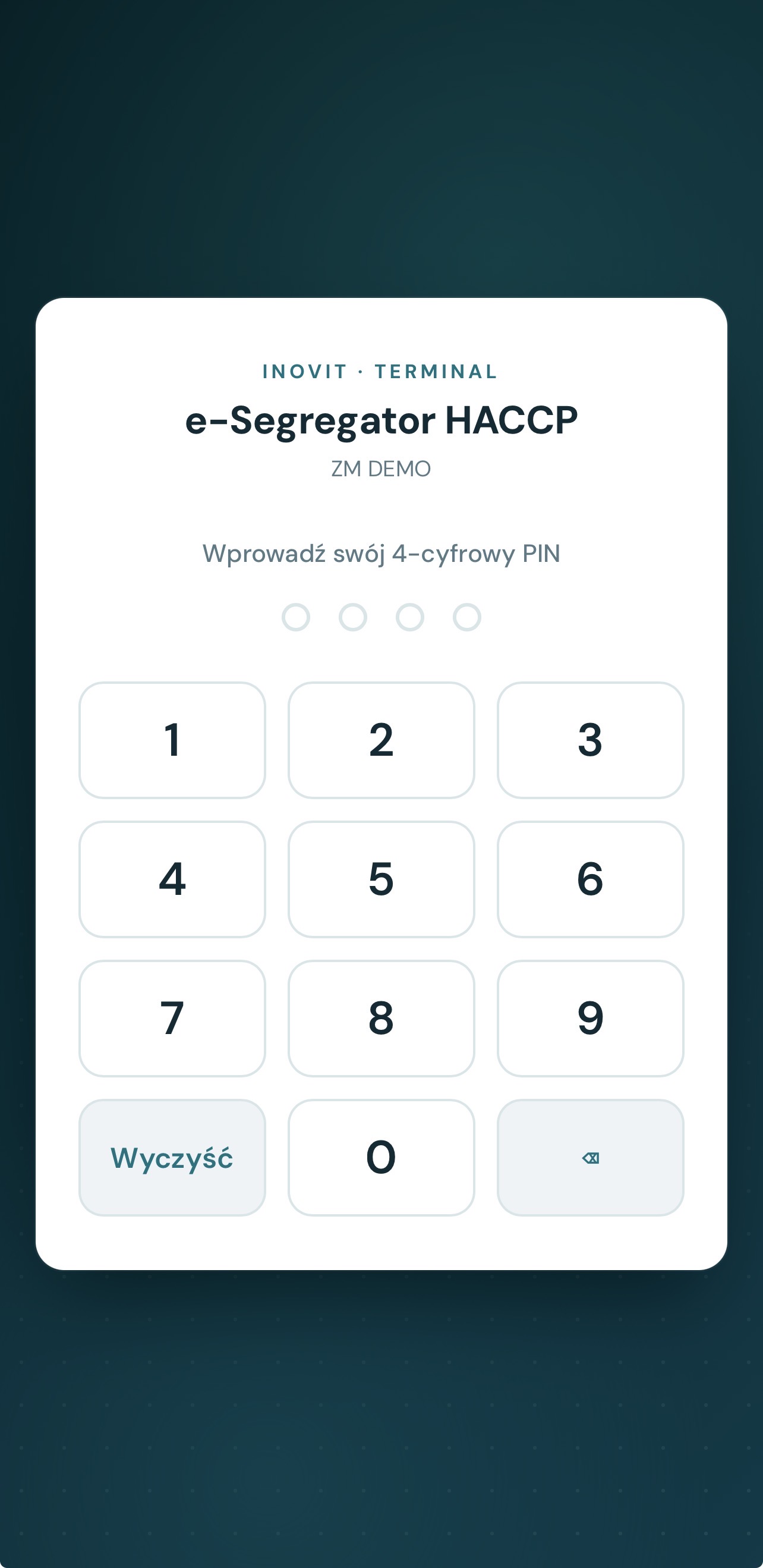 Ekran logowania PIN w Terminalu PWA e-Segregator HACCP