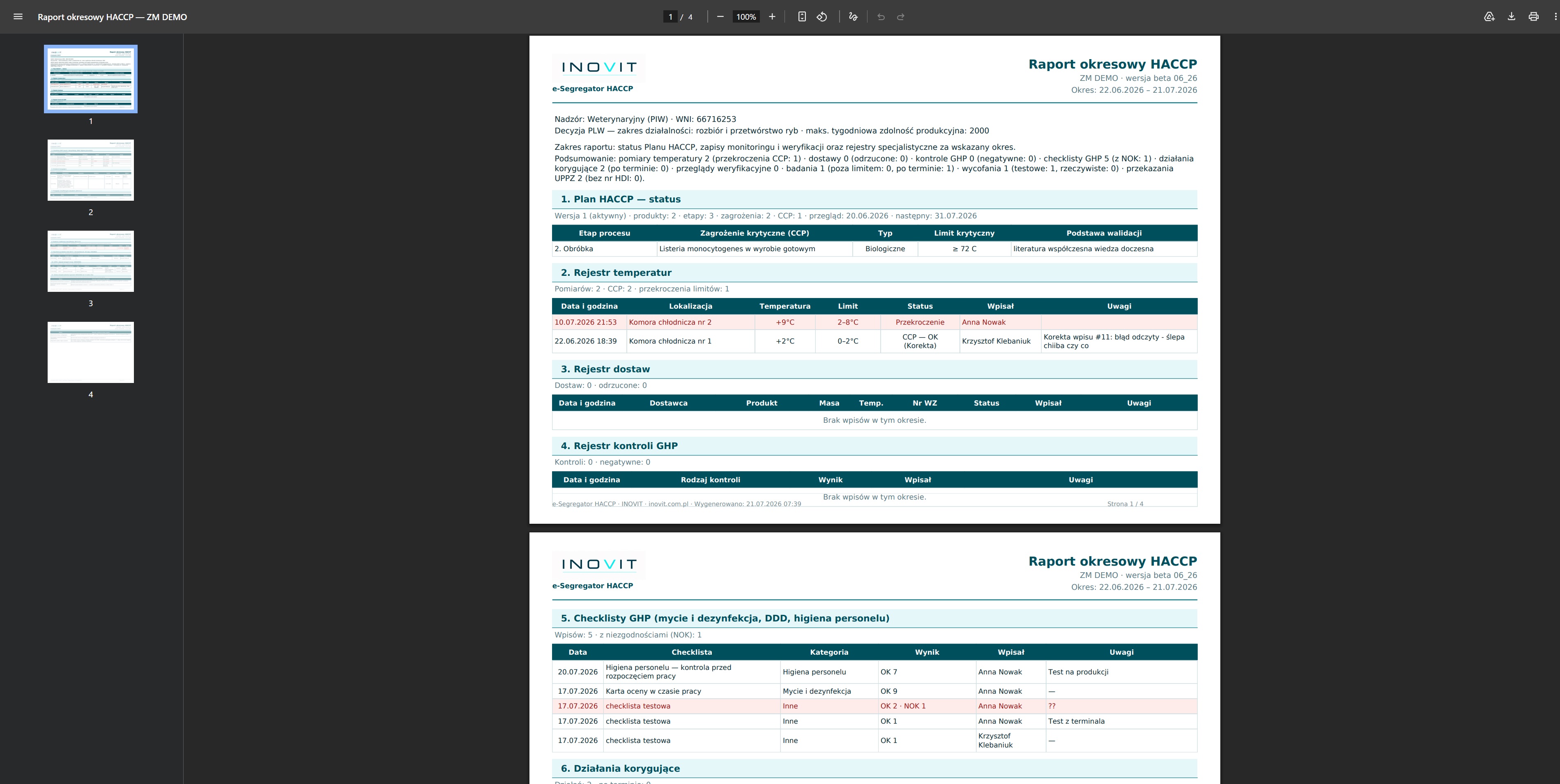 Wygenerowany Raport Okresowy HACCP w formacie PDF
